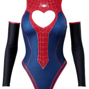 Spider-Inspired Red & Blue Heart Cut-Out Bodysuit with Long Sleeves