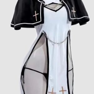 Gothic Black & White Cross-Detail Mesh Overlay Dress with Cape Sleeves